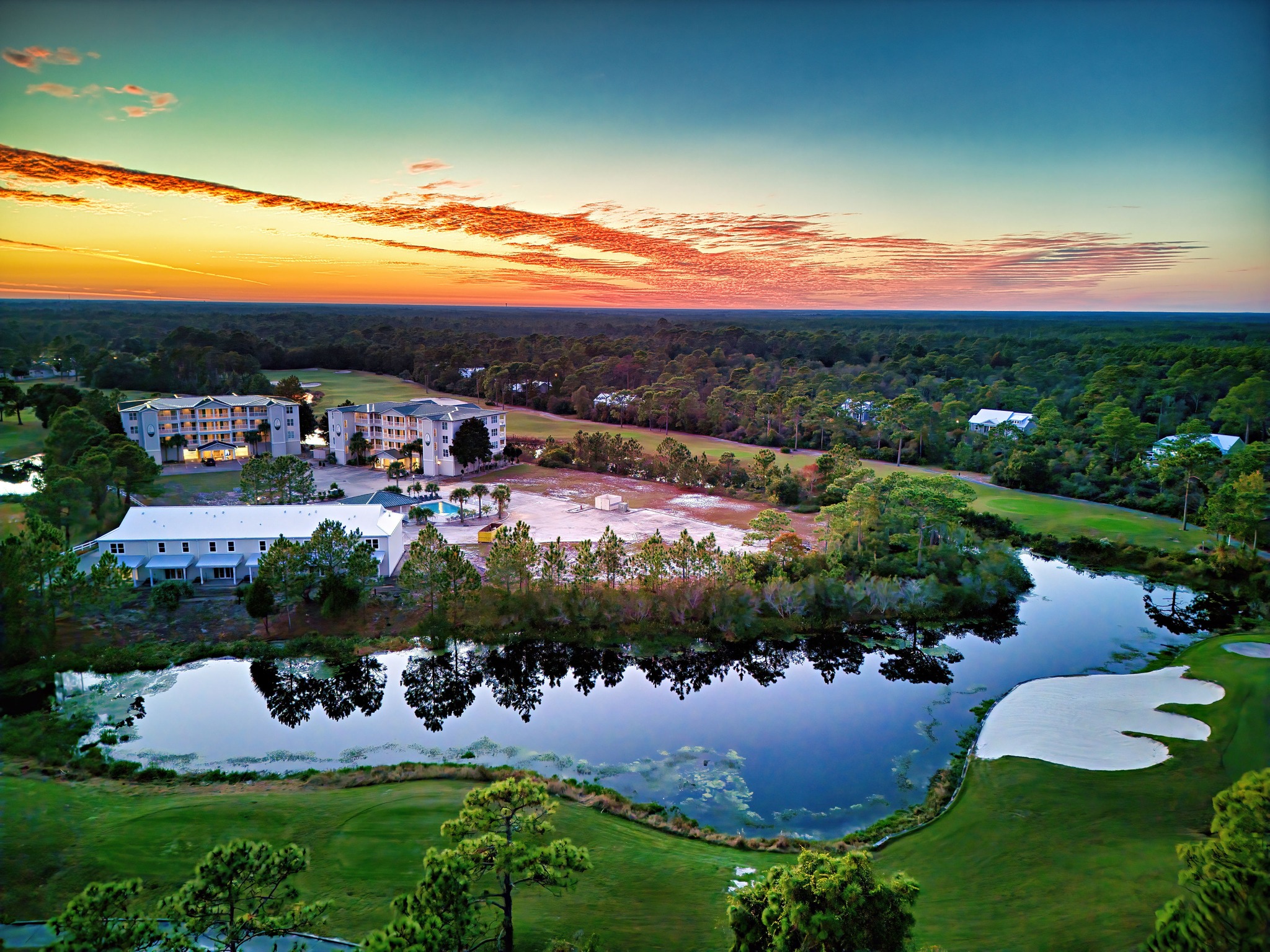 Aerial sunset of the Carrabelle golf course with lodging