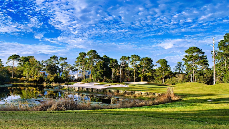 Elevated tee box with fairway view on the Audubon Signature Sanctuary course at St. James Bay