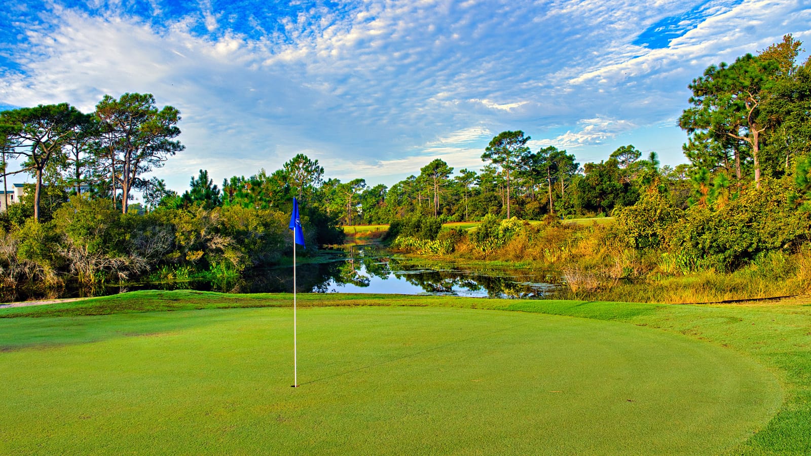 Manicured putting green with a blue flag beside a pond on the St. James Bay championship golf course in Carrabelle, Florida